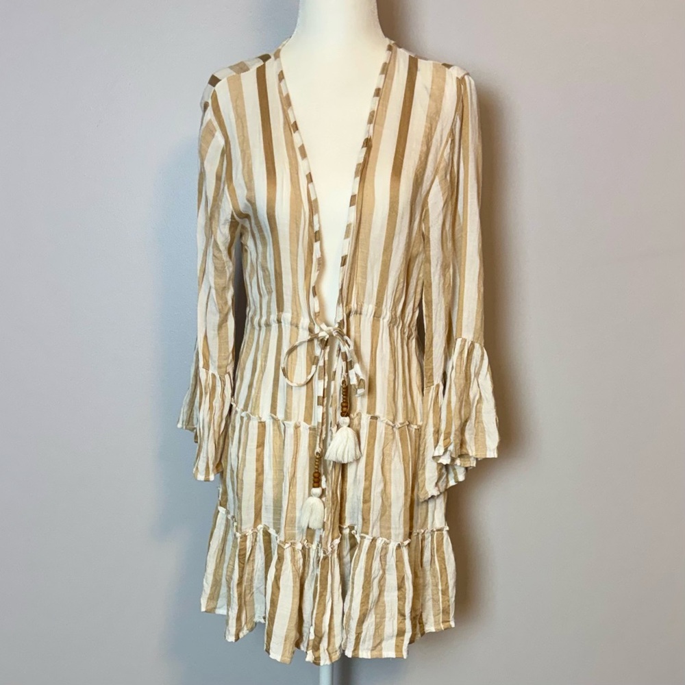 blue island Beige & White Striped V-Neck Mini cover- up